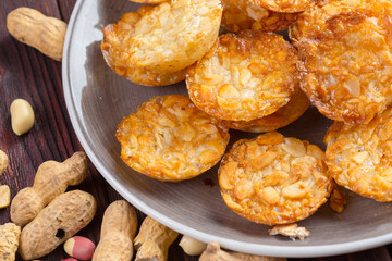 Oat cookies served on wooden table close up