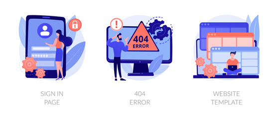 Fototapeta na wymiar Website page interface abstract concept vector illustration set. Sign in page, 404 error, website template, user login form, UI, new account registration, landing page, web design abstract metaphor.