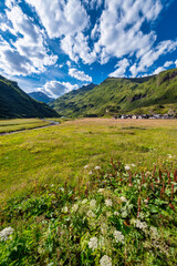Panorama of the Formazza Valley, where the Toce river forms a waterfall in La Frua (Northern Italy, Piedmont, on the border with Switzerland).