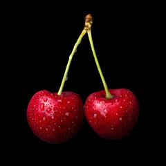 Two ripe fresh cherries with drops of water isolated on black background