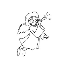 Christmas angel with wings blowing a tune. Festive winter concept. Doodle style. Vector illustration on isolated background. For printing on fabric, postcards, web.