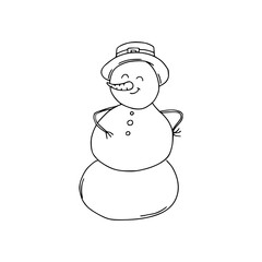 Christmas cute snowman with hat. Festive winter concept. Doodle style. Vector illustration on isolated background. For printing on fabric, postcards, web.