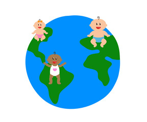 Various children and planet earth on a white background. Cartoon. Vector illustration.