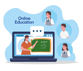 online education, teacher in laptop and students, learning online vector illustration design