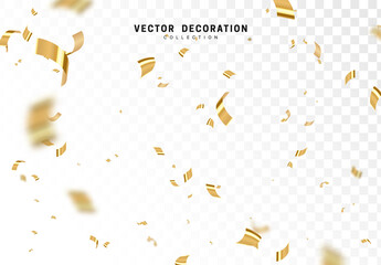 Falling shiny golden confetti isolated on transparent background. Bright festive tinsel of gold color. - obrazy, fototapety, plakaty