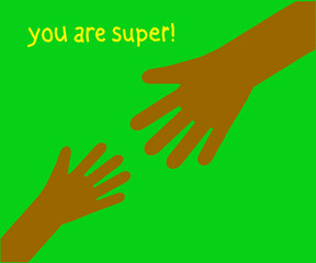 Hands of people on a green background. Postcard. Vector illustration.