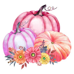 Watercolor design with pink pumpkin and flowers.