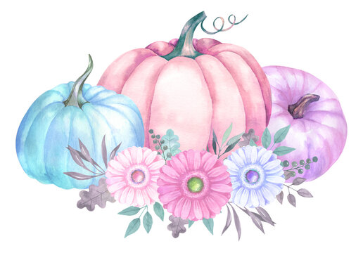 Watercolor Design With Delicate Pastel Pumpkins And Flowers.