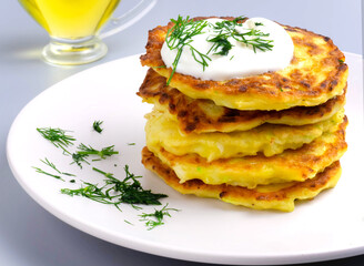 vegetable zucchini fritters on a plate closeup with dill