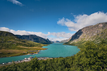 wiev of gjende lake ferry from the besseggen trail hike in the Jotunheimen national park norway mountains