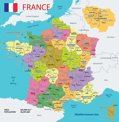 Vector Map of France with detailed Administrative divisions and borders, City and Region Names and international bordering countries in bright colors palette