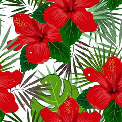 Seamless vector floral summer pattern background with tropical palm leaves and hibiscus flowers. Perfect for wallpapers, web page backgrounds, surface textures, textile