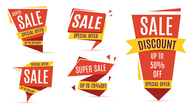 Sale big set of beautiful yellow discount and promotion banners. Advertising element. . Vector illustration