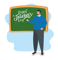 happy teachers day, with man teacher and chalkboard vector illustration design