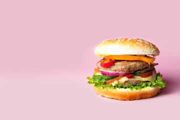 Fresh juicy beef hamburger placed on creative pink background. Copy space for text, trendy hero view, horizontal