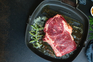 rib eye steak meat beef fresh juicy on the table serving portion size top view place copy space for text
