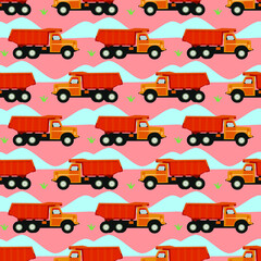 truck pattern with mountains and pink background seamless repeat pattern