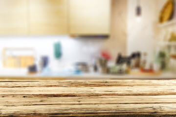 Fototapeta na wymiar kitchen interior and wooden desk of free space 