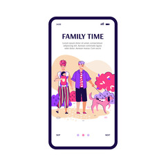 Onboarding mobile screen design with scene of family weekend, flat cartoon vector illustration isolated on white background. Couple with child and dog walking in park.