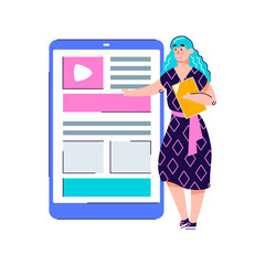 Copywriting or content creation app concept - cartoon woman giving website presentation for creative blog or text editing on phone screen, isolated vector illustration.