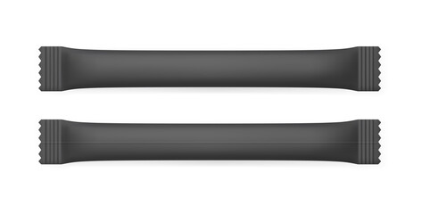 Realistic black paper sachet bag. Package mockup for coffee, sugar, salt, pepper and spices. Isolated vector design.