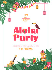 Invitation poster for Aloha Party in Hawaiian style with tropical leaves and Tiki mask, cartoon vector illustration. Summer party invitation template. - obrazy, fototapety, plakaty
