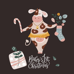 Christmas cute cartoon cow vector illustration with hand drawn lettering - baby s first Christmas. Animal card with winter decorations, gift box, candy and 
sock . New Year 2021. 