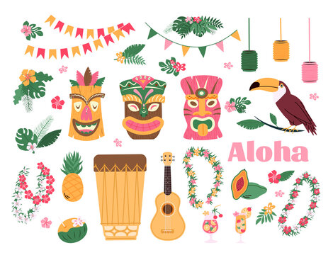 Set of traditional hawaii attributes. Masks and hawaiian guitar or ukulele and leaves for dresses with flowers, flat cartoon vector illustration isolated