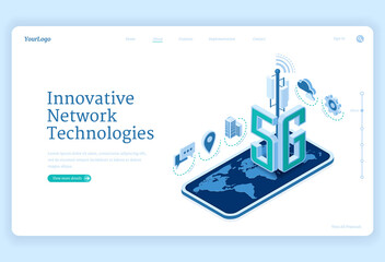 5g network technologies isometric landing page. Innovative wireless mobile telecommunication new generation cell service. Smartphone with world map, internet speed connection 3d vector web banner