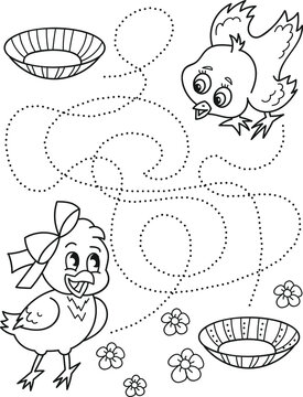Help he chickens find their plates. Coloring page outline of the cartoon labyrinth. Colorful vector illustration of educational maze game for preschool children, summer coloring book for kids.