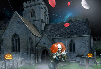eerie clown in front of a church attracts the viewer