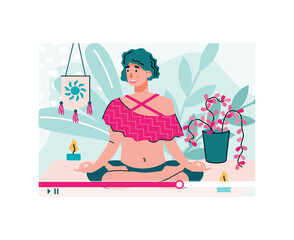Training video or tutorial with vlogger filming yoga practice, cartoon vector illustration isolated on white background. Creation of content for social networks.
