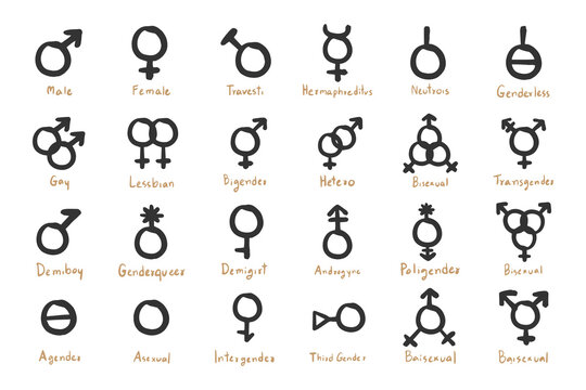 Gender symbols icon set. Male and female symbol - Hand drawn doodle icons set. 