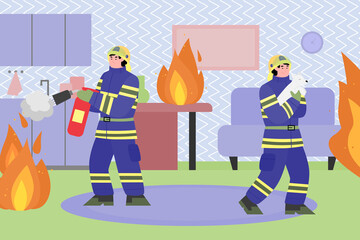 Two firefighters fighting fire in house with extinguisher and rescueing dog. Fireman wearing uniform and helmet provide aid, flat cartoon vector illustration background