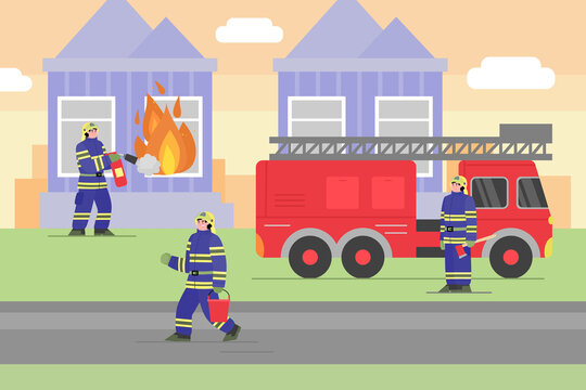 Three firefighters wearing uniform fighting fire in house with extinguisher and fire truck with hose. Heroes rescuing people, flat cartoon vector illustration