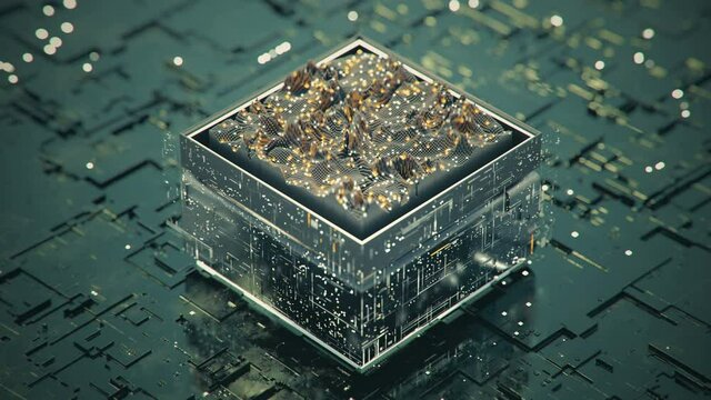 Digital data processing and analysis. Futuristic PCB with spectrum analyzer. Seamless loop 3D render animation with DOF