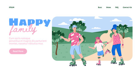 Happy family skating in park with kid landing page. Family doing sports and supporting healthy lifestyle, flat cartoon vector illustration white background