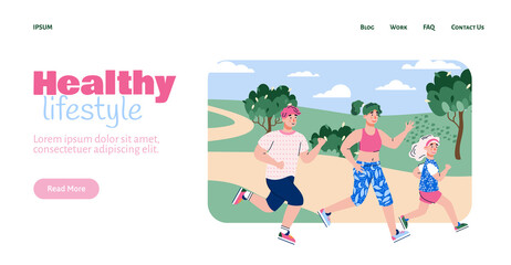Healthy lifestyle concept web banner with parents and child characters running together, flat cartoon vector illustration. Family sports and fitness website mockup.