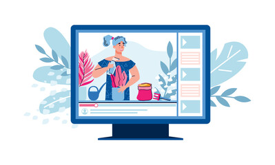 Live stream with blogger teaching subscribers how to care for plants, cartoon vector illustration isolated on white background. Computer with vlogger shoots a tutorial.