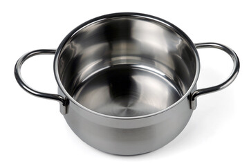 Small stainless steel cooking pot. Isolated on a white background.
