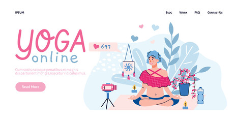 Obraz premium Web site page interface for online yoga training with woman in lotus asana, flat cartoon vector illustration. Online education and sport training landing page.