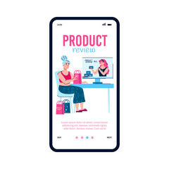 Onboarding mobile page design for cosmetic product review, cartoon vector illustration isolated on white background. Online video review on beauty products.