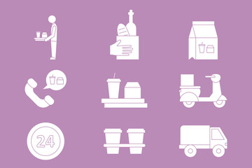 Food delivery Icons set - Vector silhouettes of courier, truck, pizza, transportation, cart, scooter and other for the site or interface