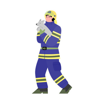 Firefighter rescuing wild animals, flat cartoon vector illustration isolated on white background. Rescue operation in burning forest or woodland, fire fighting.