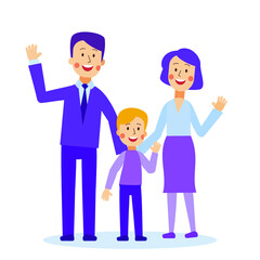 Smiling happy family. Cheerful Man, woman and kid stay together and waving hands. Character flat design. Stock vector illustration on a white background.