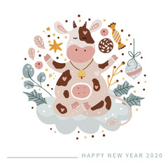 Christmas cute cartoon circle cow meditating on the cloud. Vector illustration. Animal ornate card on white. Perfect for kid apparel print and greeting poster. New Year 2021. Nursery art.