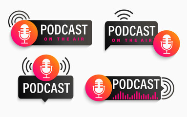 Set podcast logos and symbols, icons with studio microphone. Emblems for broadcast,news and radio streaming. Template for shows, live performances. Dj audio podcasting. Vector illustration.