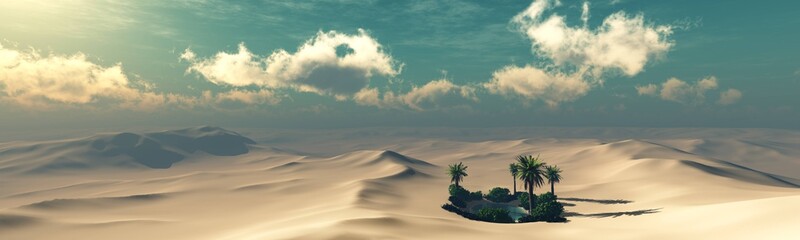 Oasis at sunset in a sandy desert, a panorama of the desert with palm trees,
3d render
