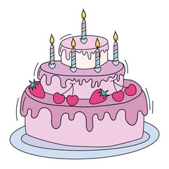 Doodle style cake isolated on white background. Happy birthday cake colorfull flat vector illustration. Can be used for greeting card design and web.