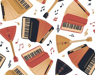 Seamless pattern with accordion,guitar, balalaika and sheet music. International Music Day. Vector musical instrument set. Freehand doodle elements - obrazy, fototapety, plakaty